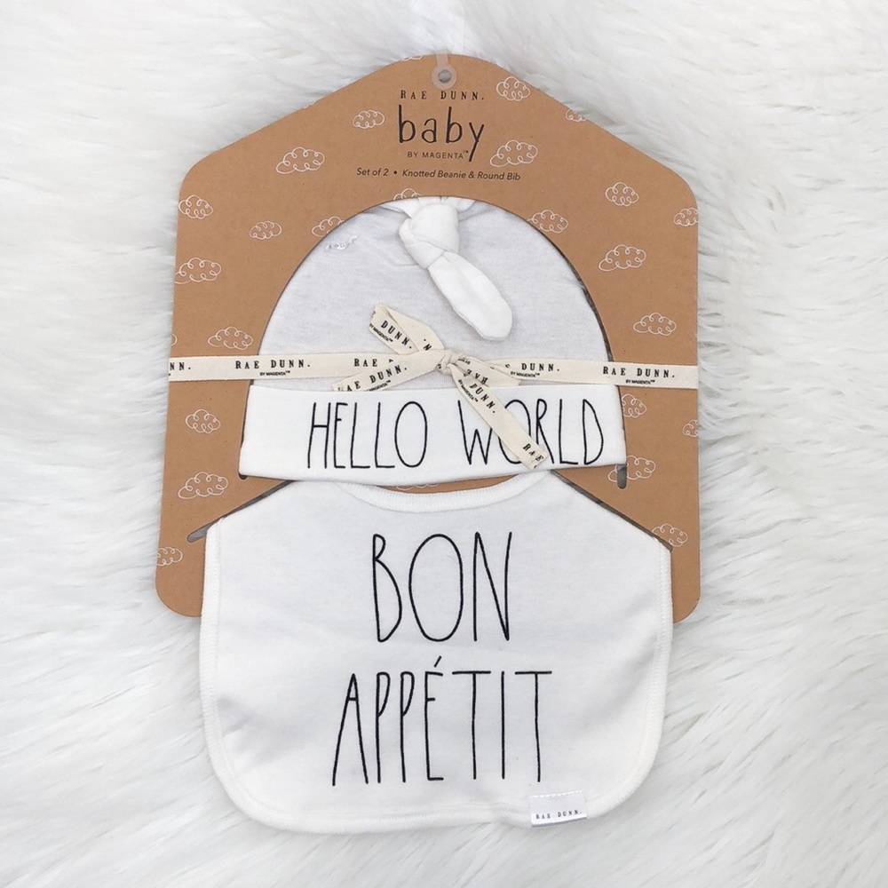 Rae Dunn White 2 Piece Baby Beanie & Bib Set - Picture 1 of 7